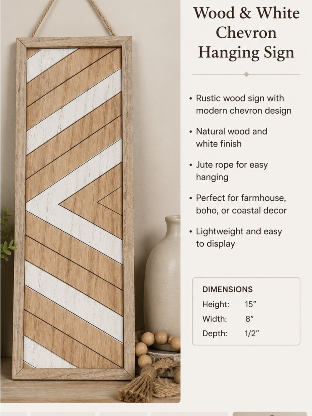 SIDEWAYS Chevron Wood Hanging Sign - Natural Wood & White
